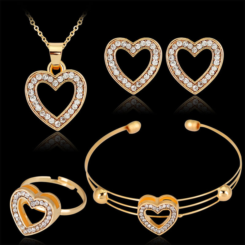 Jewelry Set Peach Heart Rhinestone Earrings Love Necklace Bridal Jewelry Set