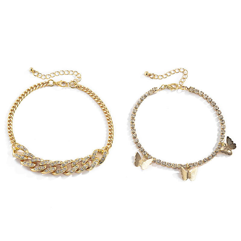 European And American Cross-Border Jewelry, Retro Fashion Micro-Inlaid Feet, Women'S Simple Cuban Buckle Full Diamond Butterfly Tassel Anklet