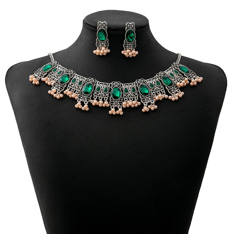 Vintage Emerald Earrings Square Tassel Bead Pendant Jewelry Suit