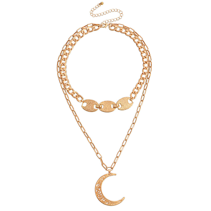 Bamboo Cuban Chain Crescent Pendant Necklace