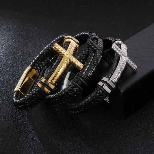 Leather Woven Christian Cross Bracelet