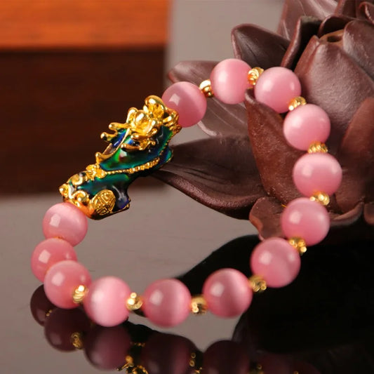 Gold Plated PiXiu Pink Transfer Beads Bracelet