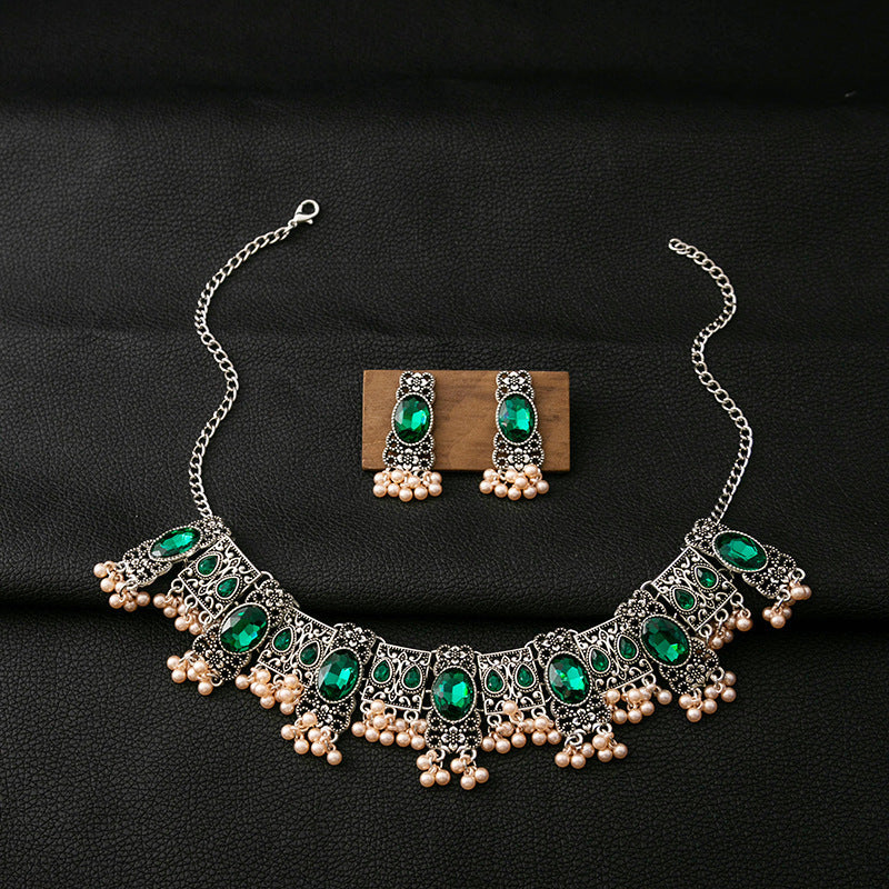 Vintage Emerald Earrings Square Tassel Bead Pendant Jewelry Suit