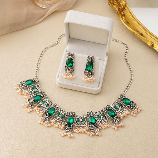 Vintage Emerald Earrings Square Tassel Bead Pendant Jewelry Suit