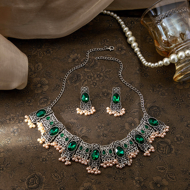 Vintage Emerald Earrings Square Tassel Bead Pendant Jewelry Suit