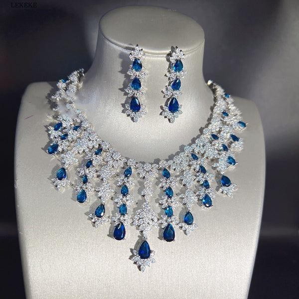 Blue Rhinestone Tassel Necklace Earring Bracelet Set