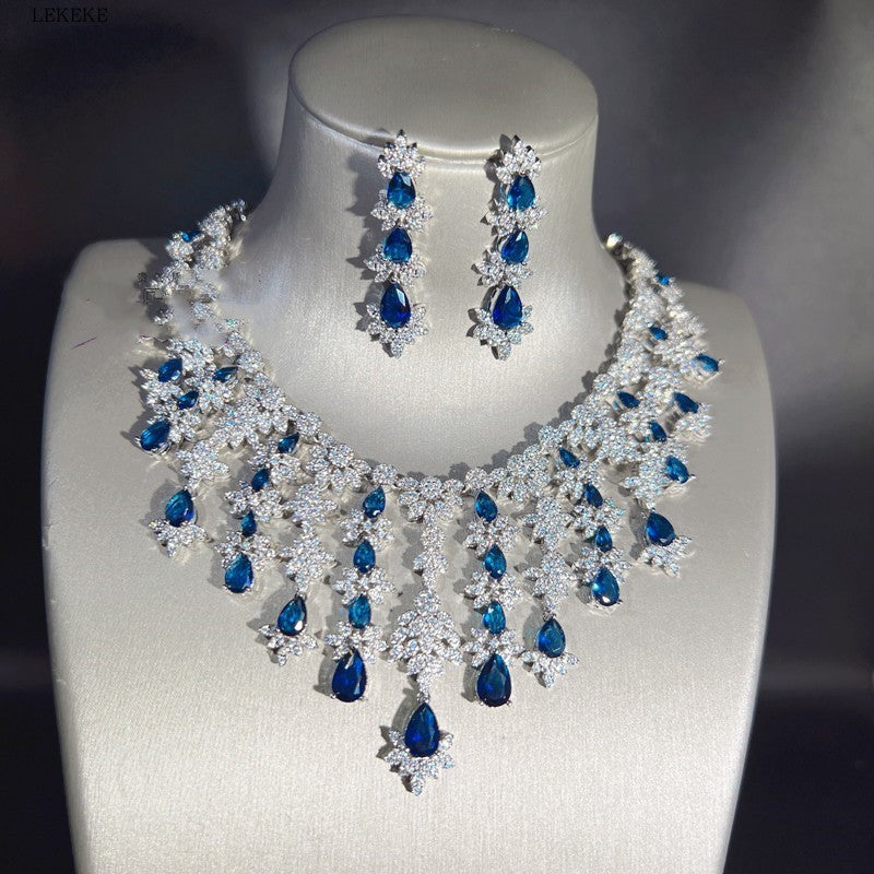 Blue Rhinestone Tassel Necklace Earring Bracelet Set