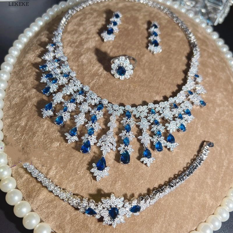 Blue Rhinestone Tassel Necklace Earring Bracelet Set