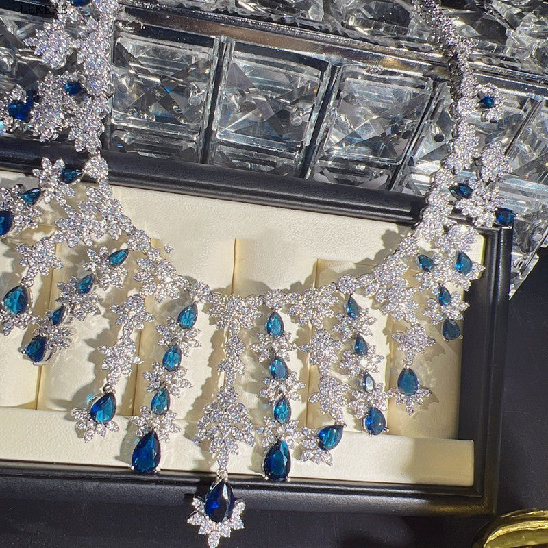 Blue Rhinestone Tassel Necklace Earring Bracelet Set