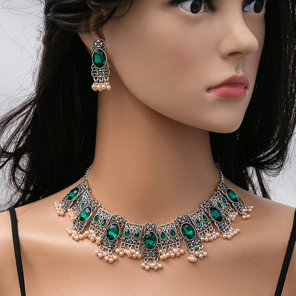 Vintage Emerald Earrings Square Tassel Bead Pendant Jewelry Suit