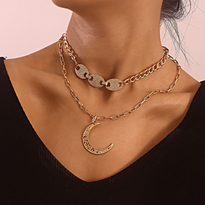 Bamboo Cuban Chain Crescent Pendant Necklace