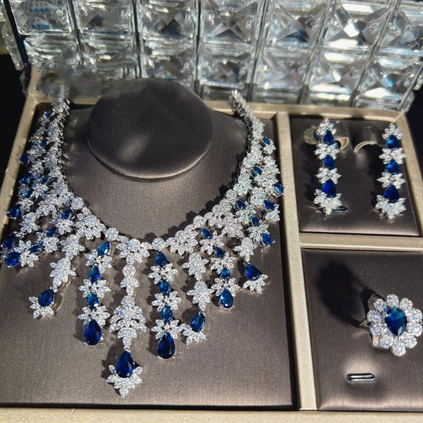 Blue Rhinestone Tassel Necklace Earring Bracelet Set